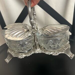 Vintage 60's Hugo 6" Silver Plated Glass Shell Condiment Dish, From Hong Kong